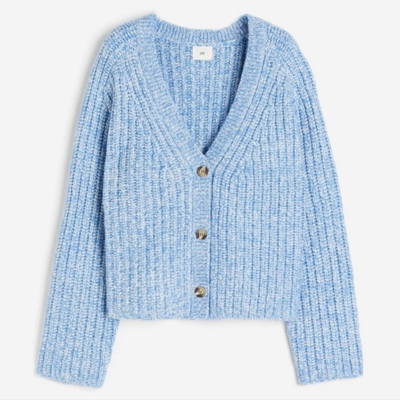 H&M Sweaters - NWOT H&M Rib-Knit Cardigan Size Large Button Front Blue Melange Chunky Knit